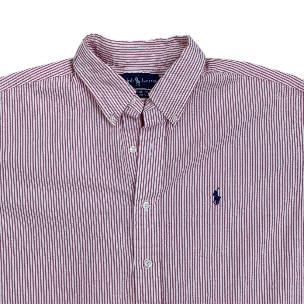 Ralph Lauren Button Down Shirt Seersucker Short Sleeve Red White Stripe Mens XL